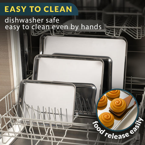 Baker's Signature mirror finish bakeware with smooth surface for easy food release.