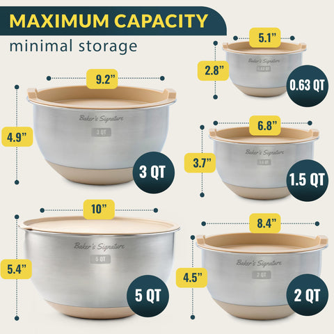 Baker's Signature mixing bowls with lids provide airtight storage for freshness.