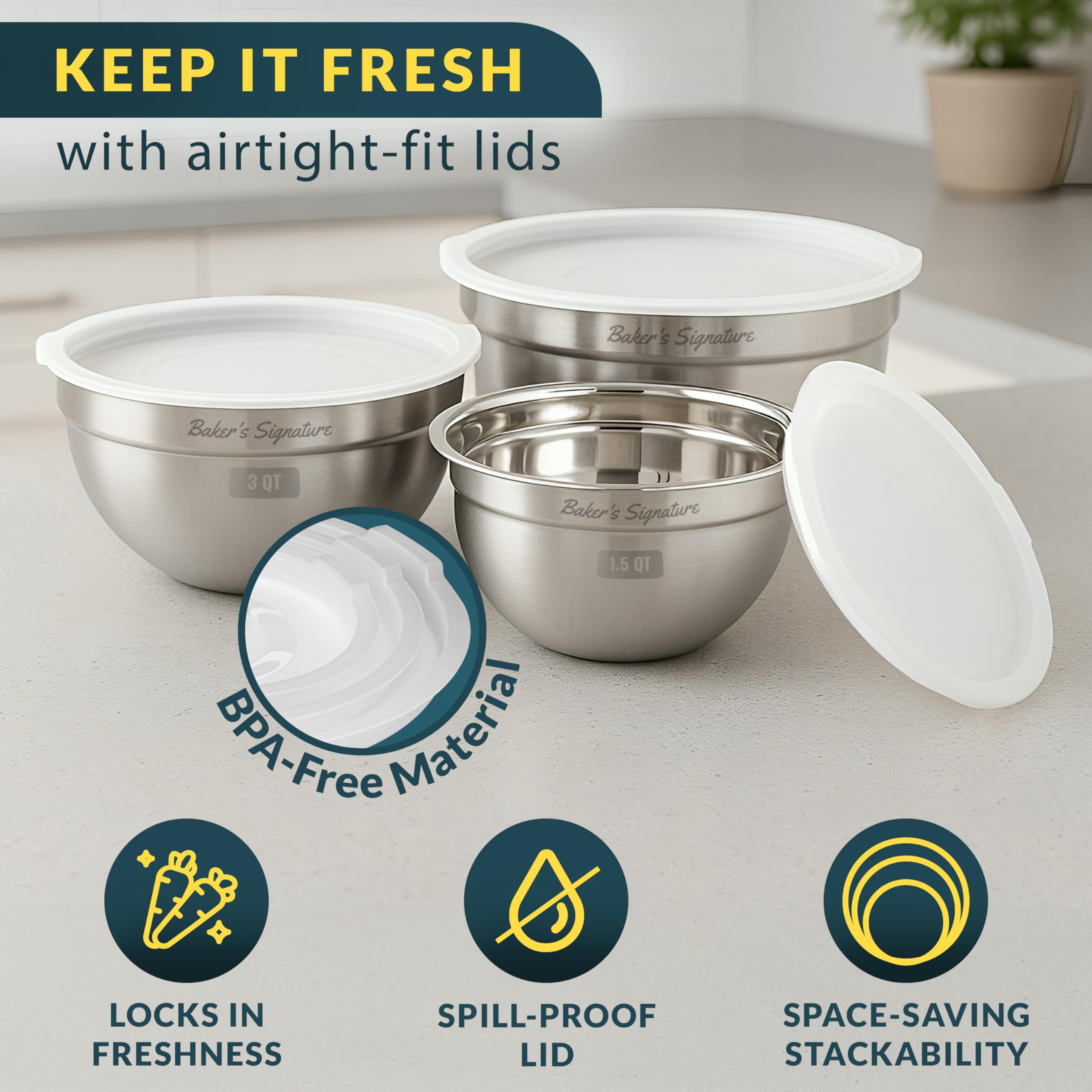 Baker's Signature nesting design saves kitchen space during prep.