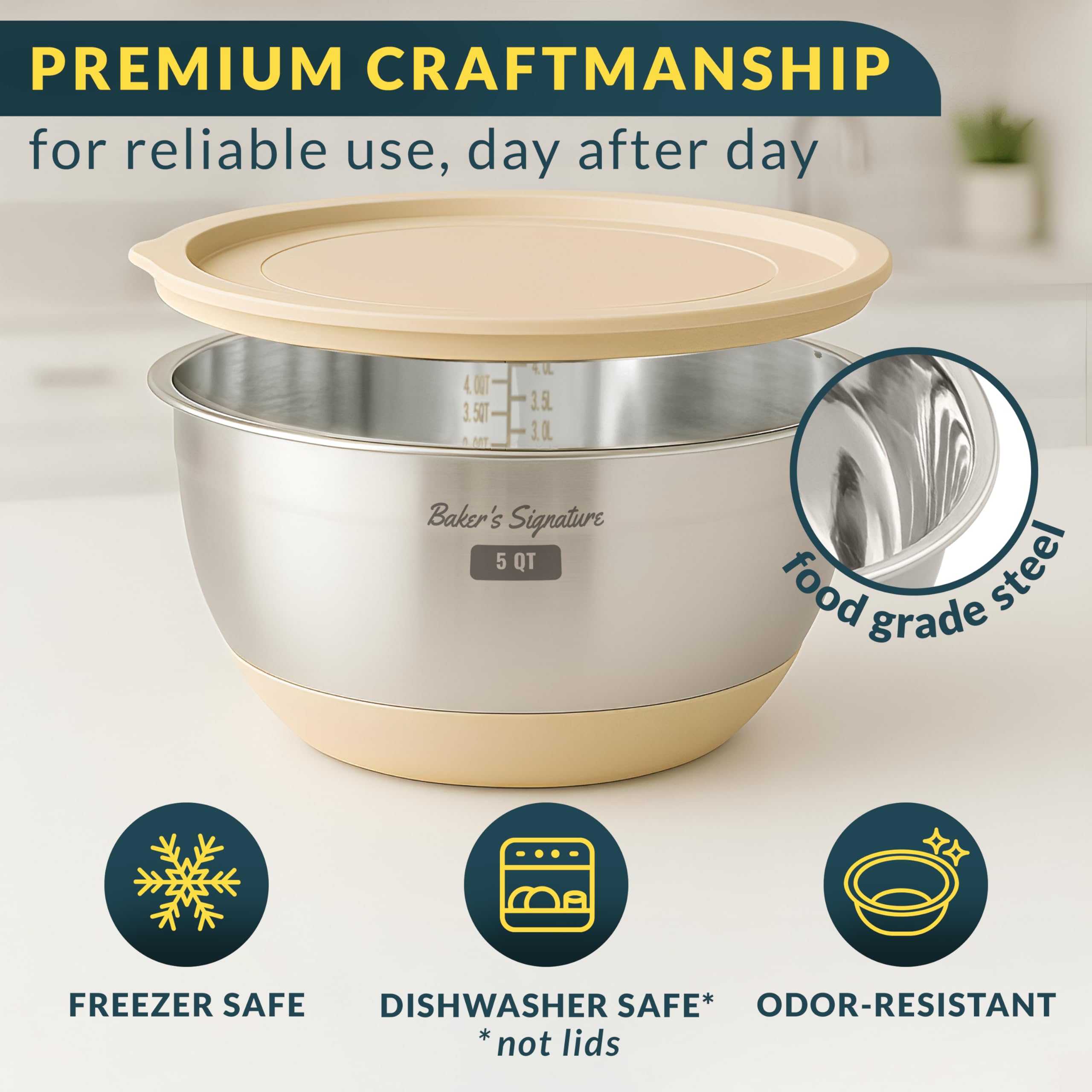 Baker's Signature bowls feature a non-slip base for stable prep.
