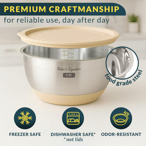 Baker's Signature bowls feature a non-slip base for stable prep.