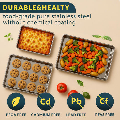 Baker's Signature rust-resistant stainless steel pans built to last through busy weeks.