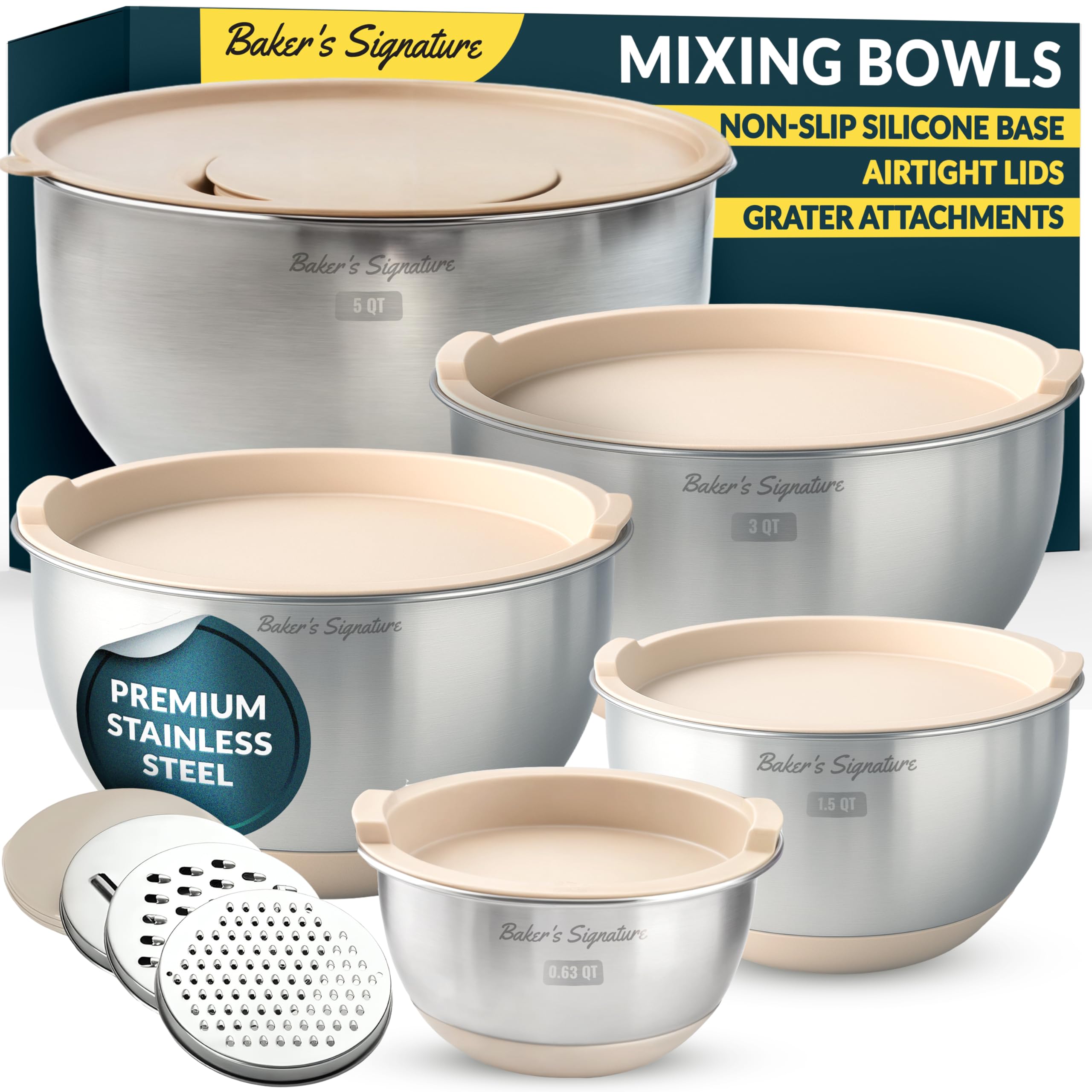 Baker's Signature stainless steel mixing bowls in five sizes, ready for versatile kitchen tasks.