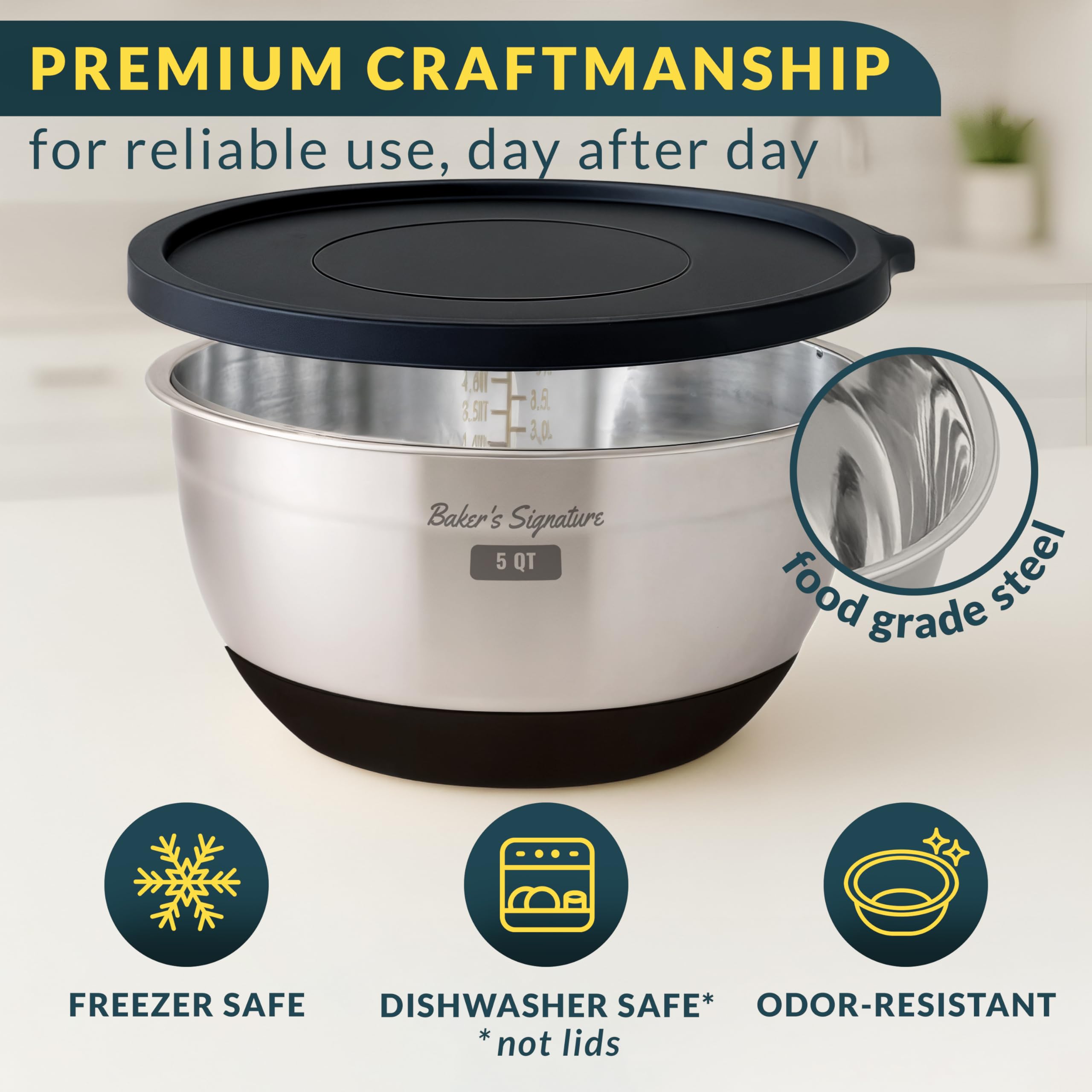 Baker's Signature 3qt bowl with lid and non-slip base staying steady during prep