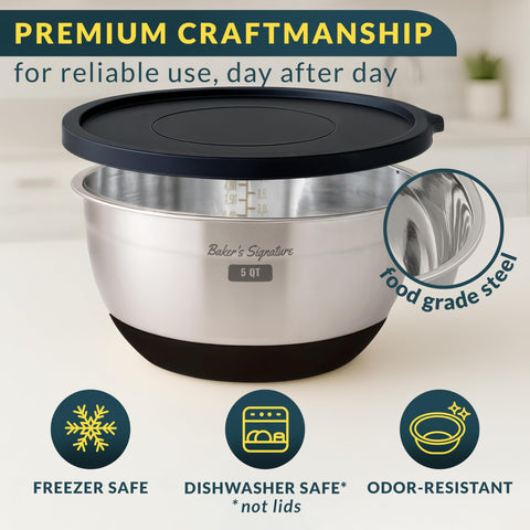 Baker's Signature 3qt bowl with lid and non-slip base staying steady during prep