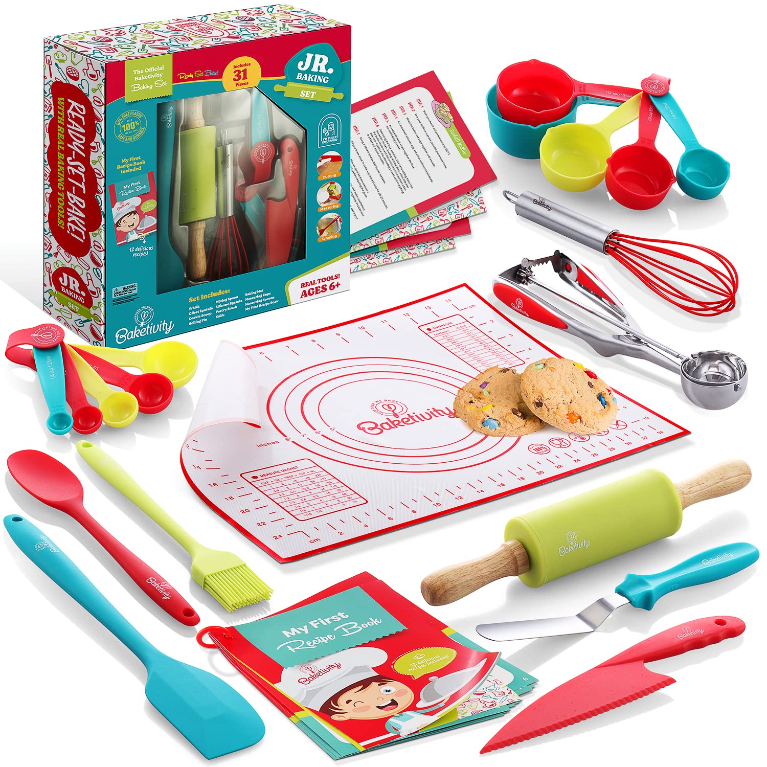 Baketivity 31-piece rolling pin for kid-friendly dough rolling.