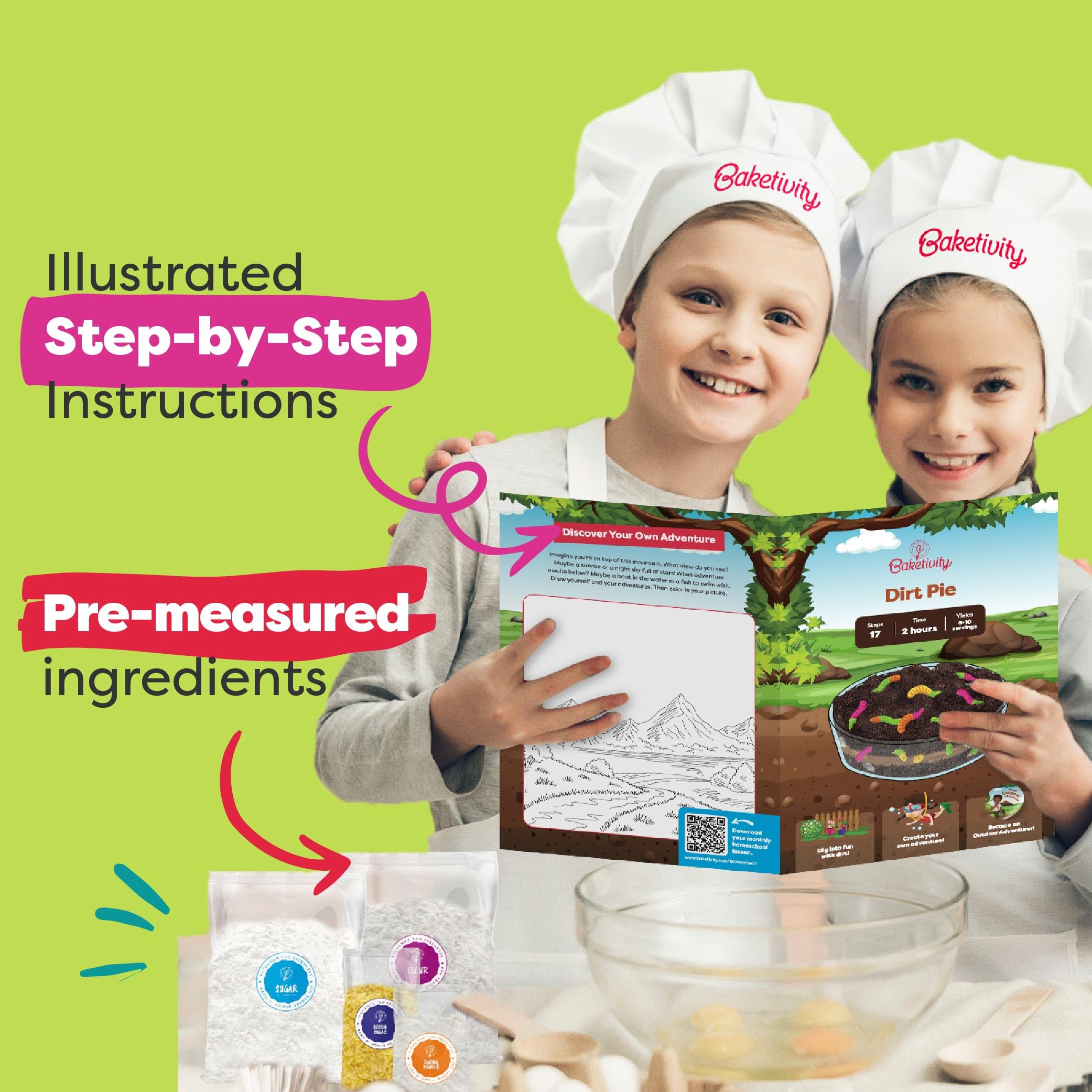 Baketivity Dirt Pie Kit QR video guide from the head baker for guidance.