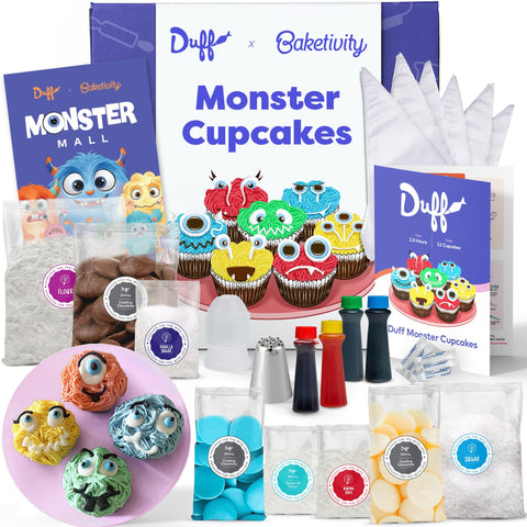 Baketivity Duff Goldman monster cupcakes kit ingredients ready for baking.
