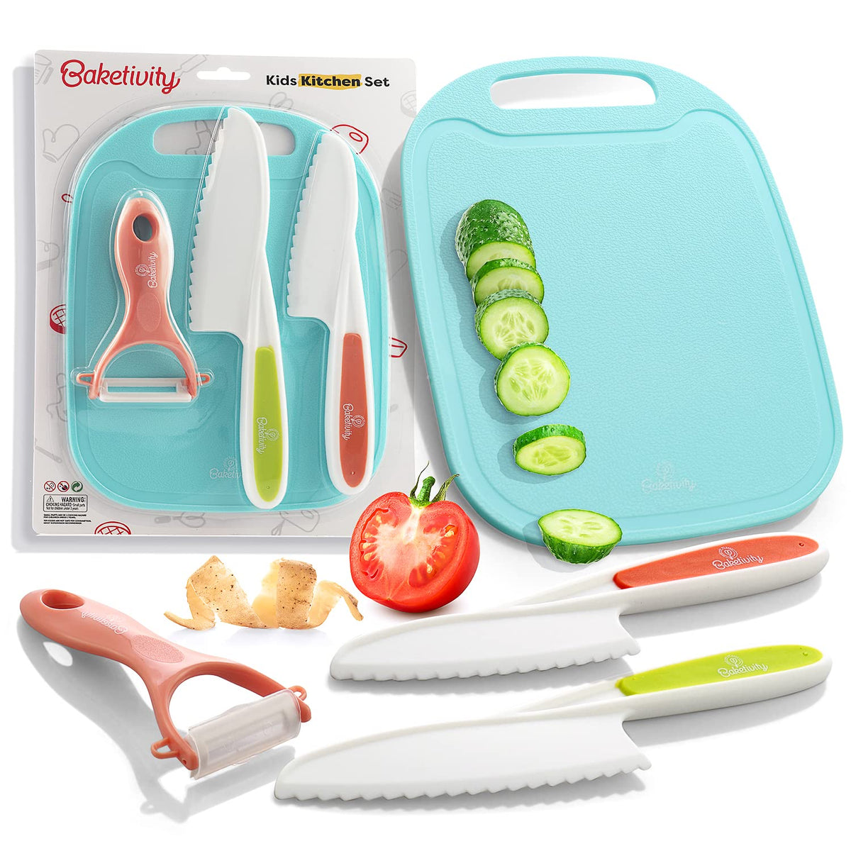 Baketivity kid-safe knives with cutting board ready for safe fruit and veggie prep