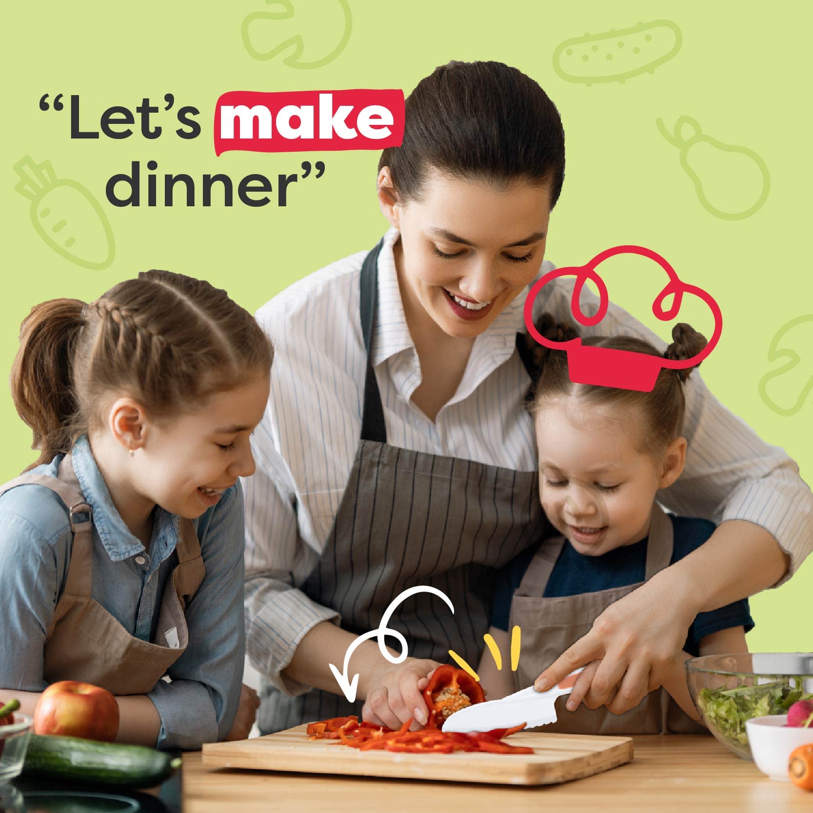 Baketivity kid-safe knives with peeler in action for kid-friendly prep