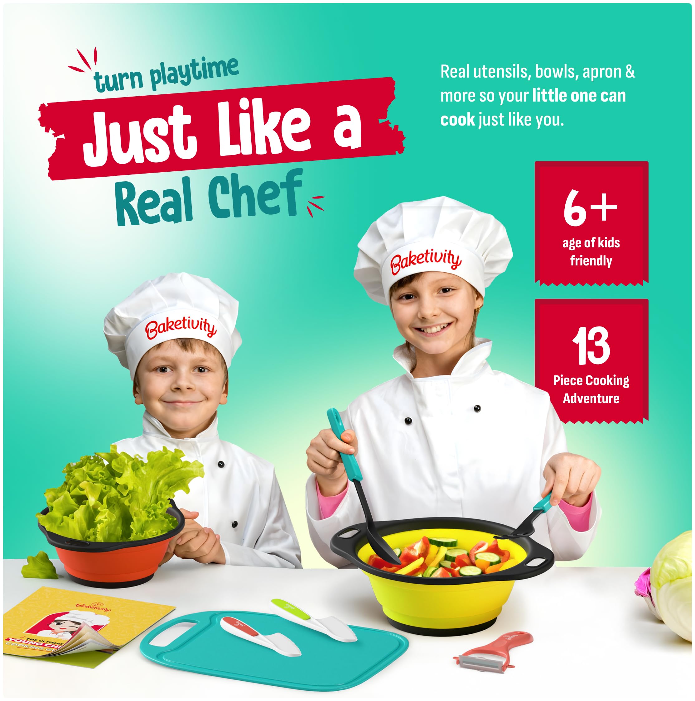 Baketivity kids cooking set with chef hat and apron, safe imaginative kitchen play.