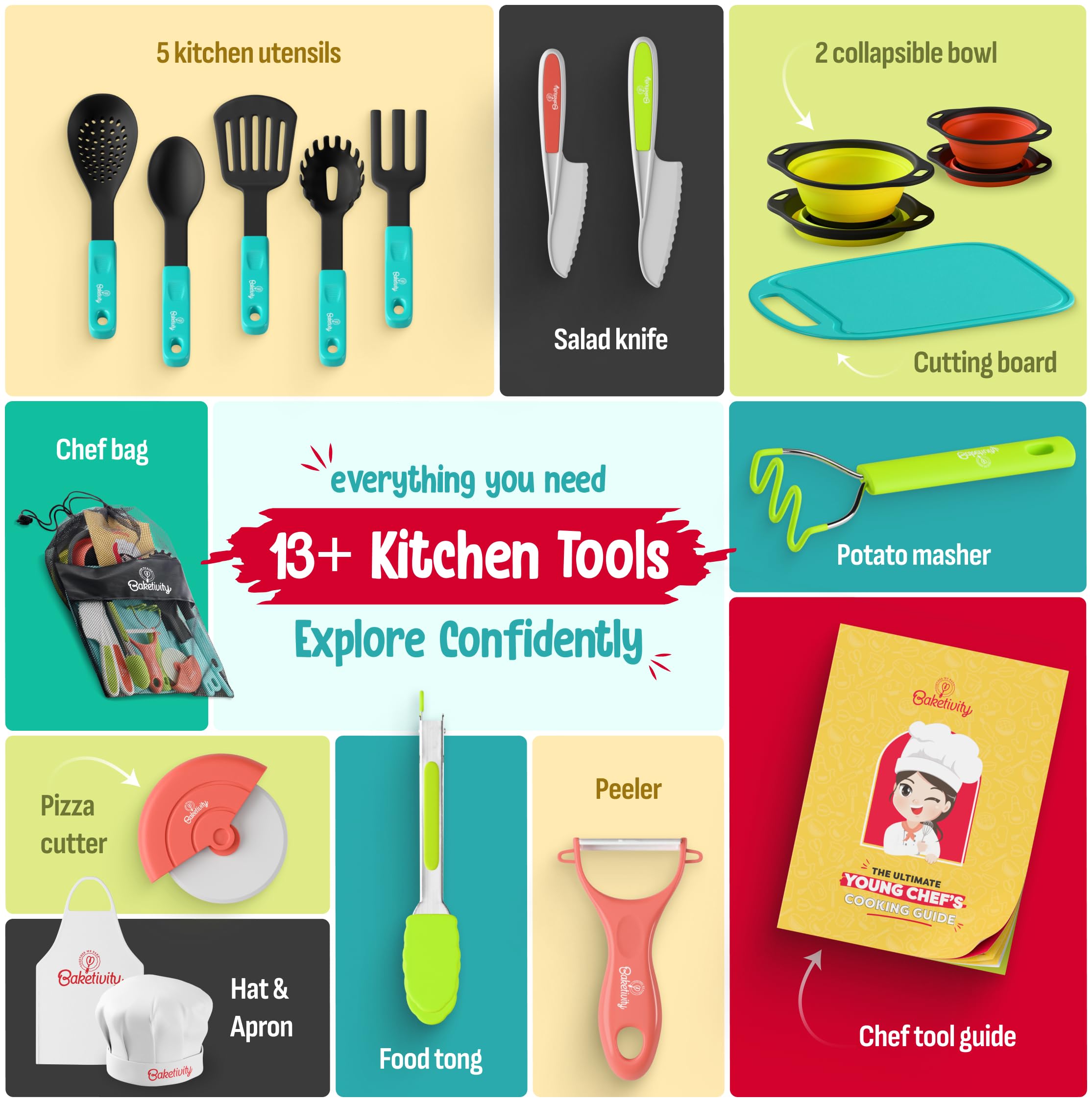 Baketivity cooking set cutting board and knife enabling safe practice.