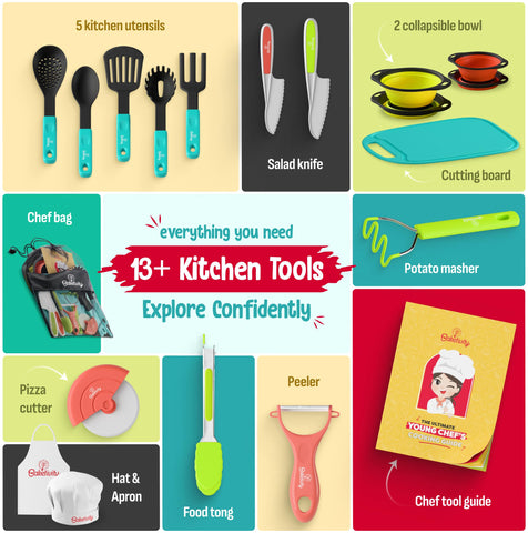 Baketivity cooking set cutting board and knife enabling safe practice.