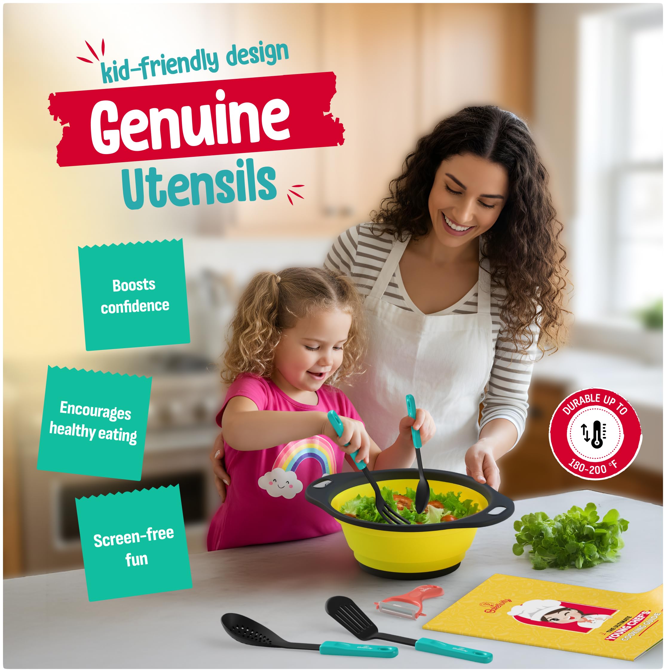 Baketivity kids cooking set dishwasher-safe for easy cleaning.