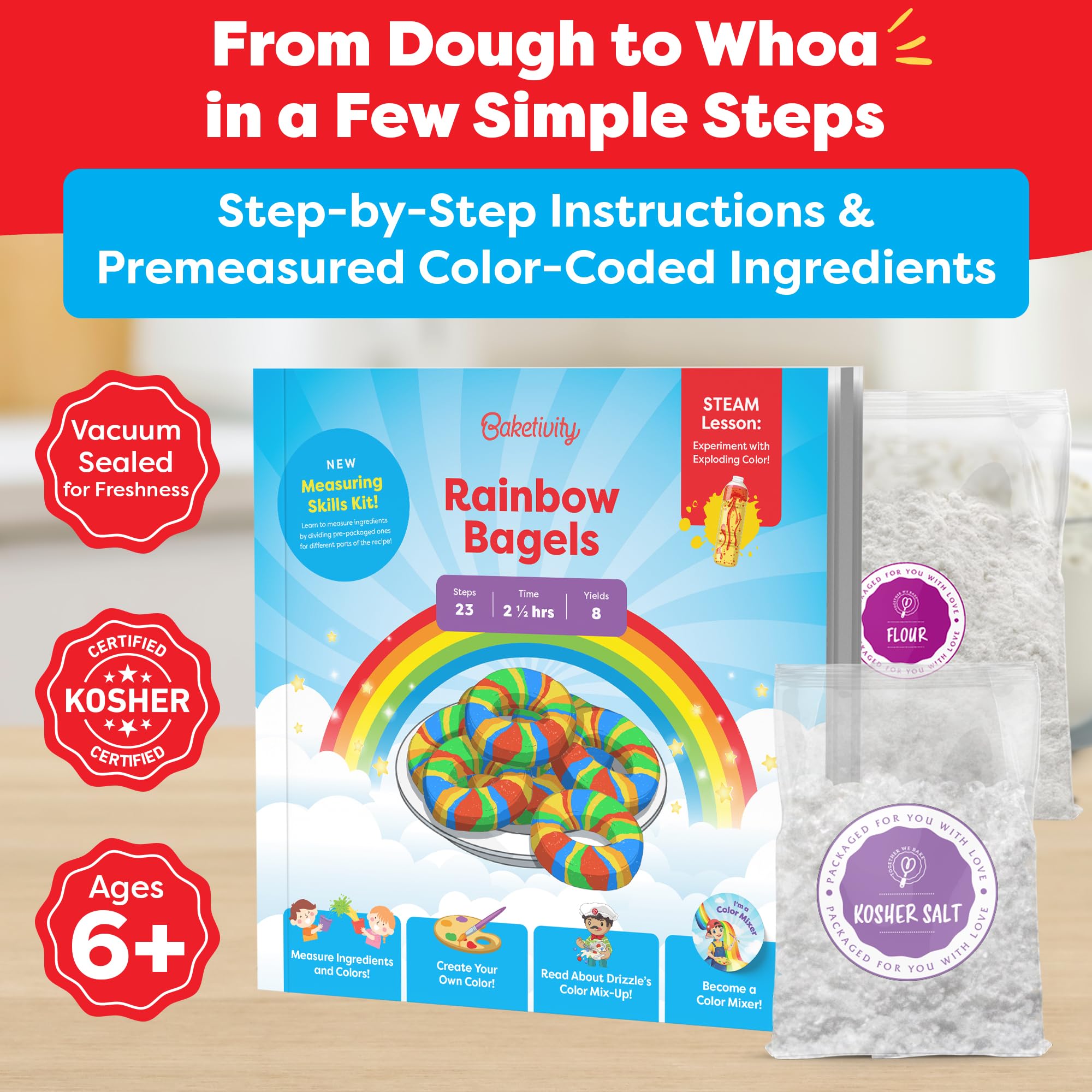 Kids kneading colorful dough during a bagel project