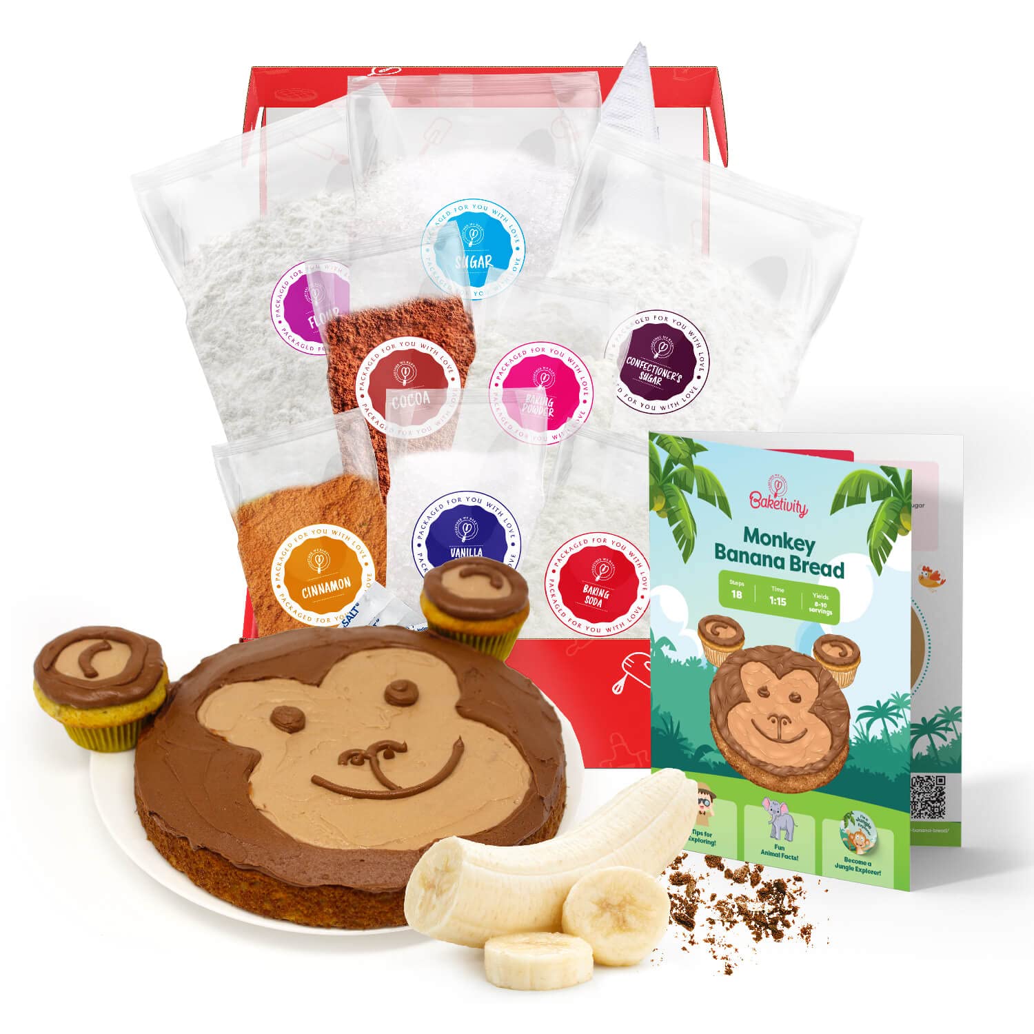 Baketivity Monkey Banana Bread kit ingredients laid out for precise measurements
