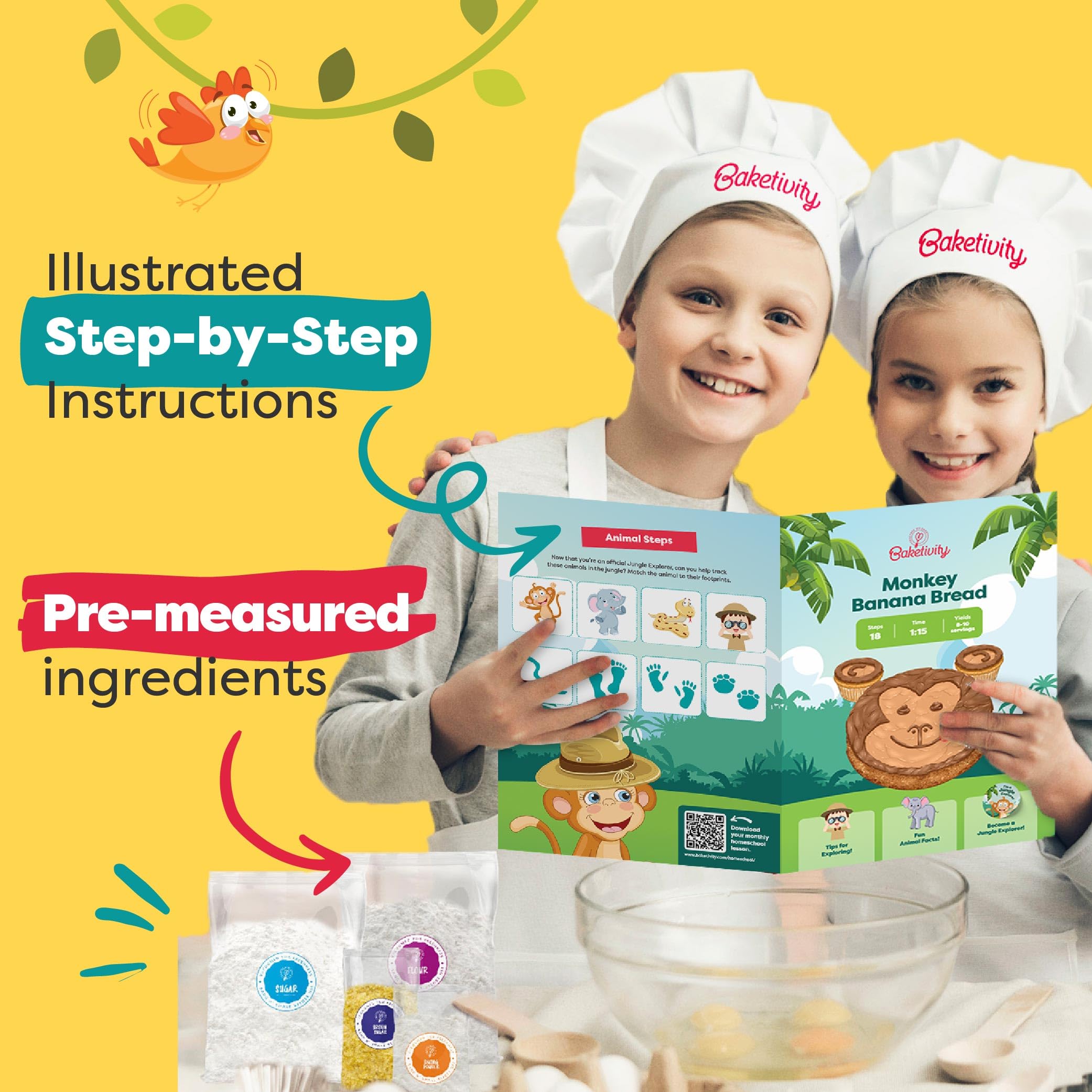 Jungle-themed learning from Baketivity Monkey Banana Bread kit during baking