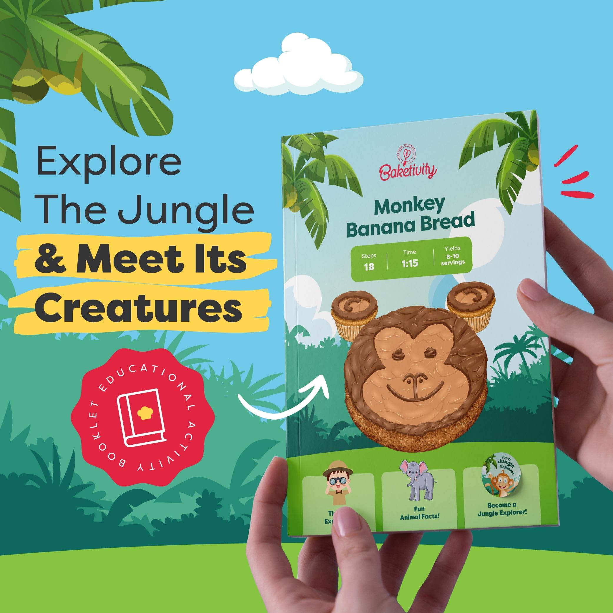 Kids baking action with Baketivity Monkey Banana Bread kit for family fun