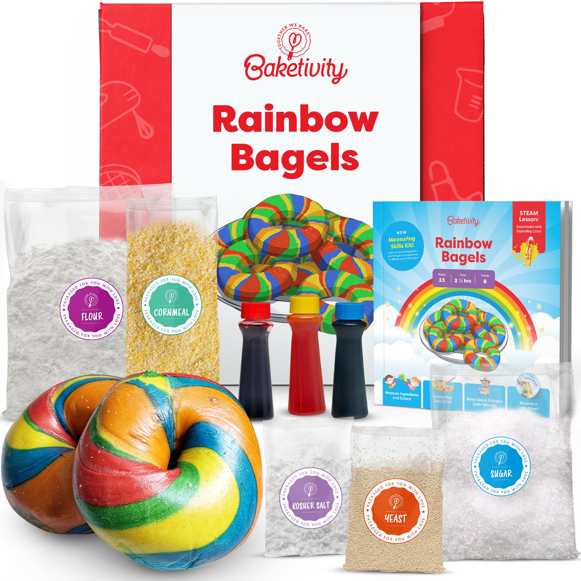 Baketivity rainbow bagel kit ingredients laid out for kid-friendly baking