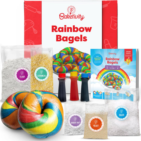 Baketivity rainbow bagel kit ingredients laid out for kid-friendly baking