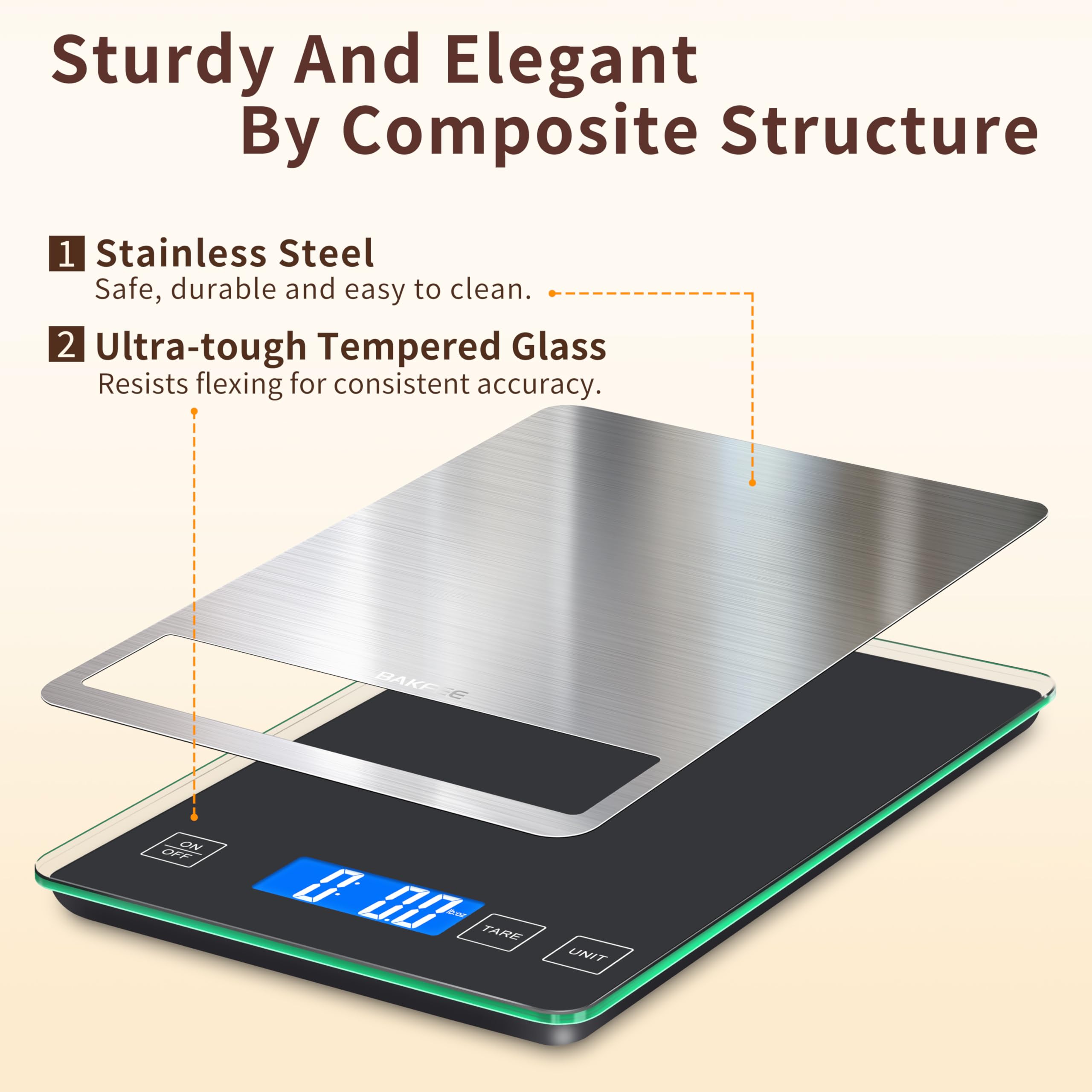 BakFee food scale clear display provides fast readings during prep.