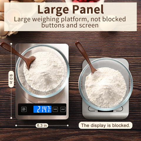 BakFee food scale delivers precise 1 g / 0.05 oz measurements for recipes.