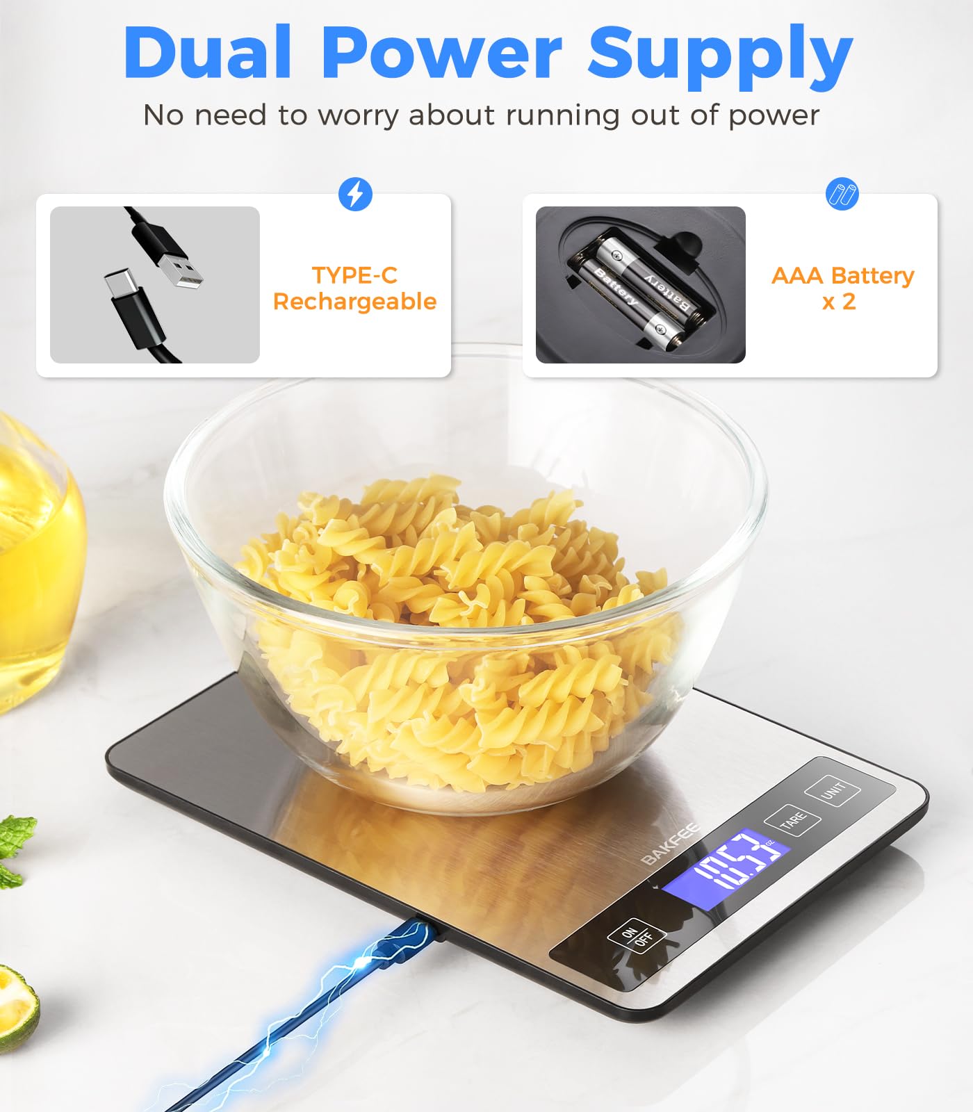 BakFee Food Scale rechargeable Type-C power for cordless kitchen convenience.