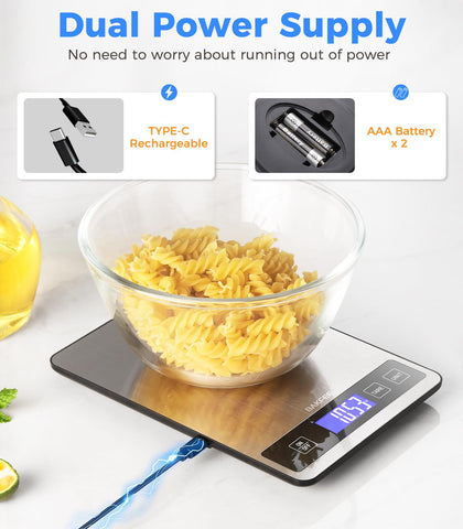 BakFee Food Scale rechargeable Type-C power for cordless kitchen convenience.