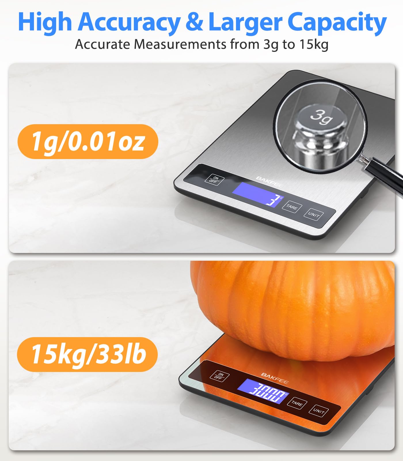 BakFee Food Scale splash-resistant stainless platform cleans quickly after cooking.