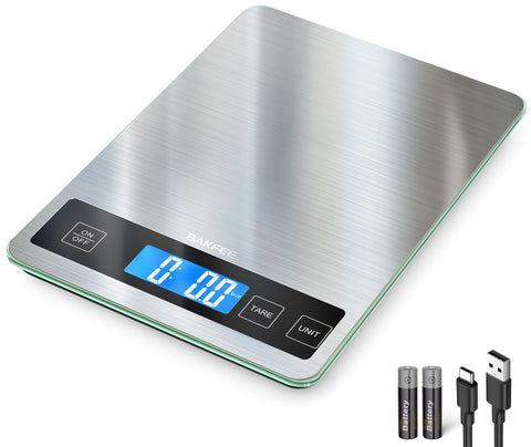 BakFee food scale with tempered-glass and stainless-steel construction for durable weighing.