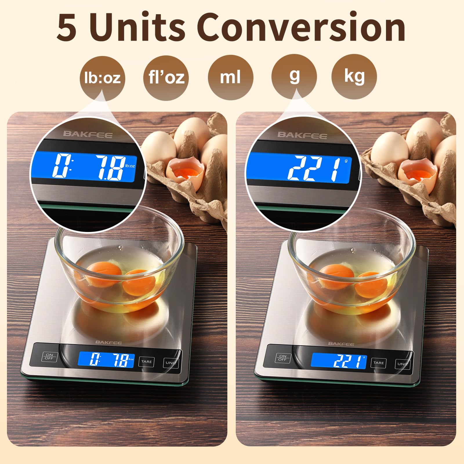 BakFee food scale USB rechargeable power keeps you cooking without frequent replacements.