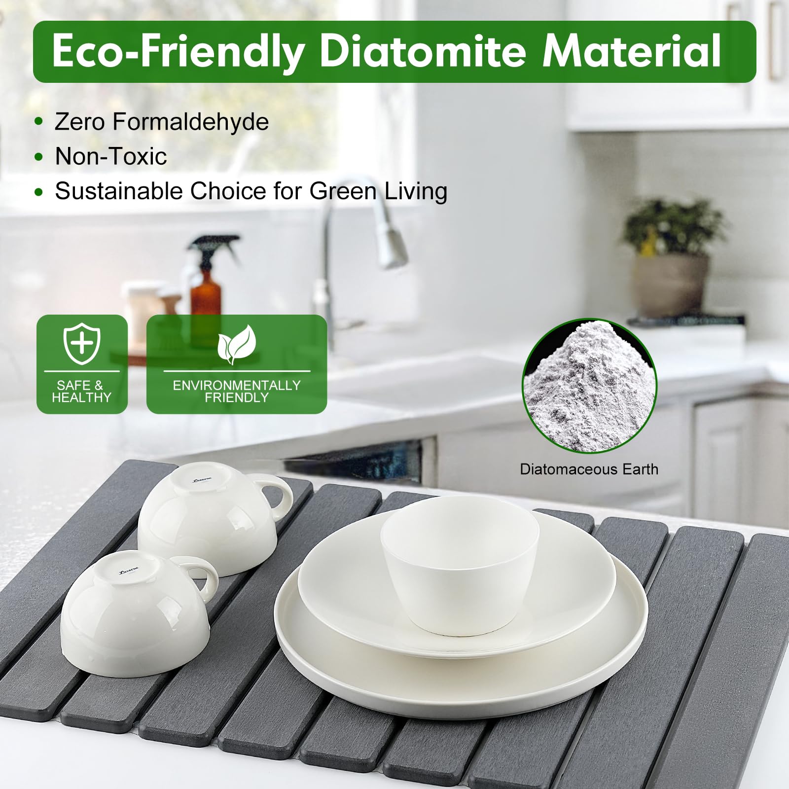 BAKFUFY stone dish drying mat on a counter with non-slip base