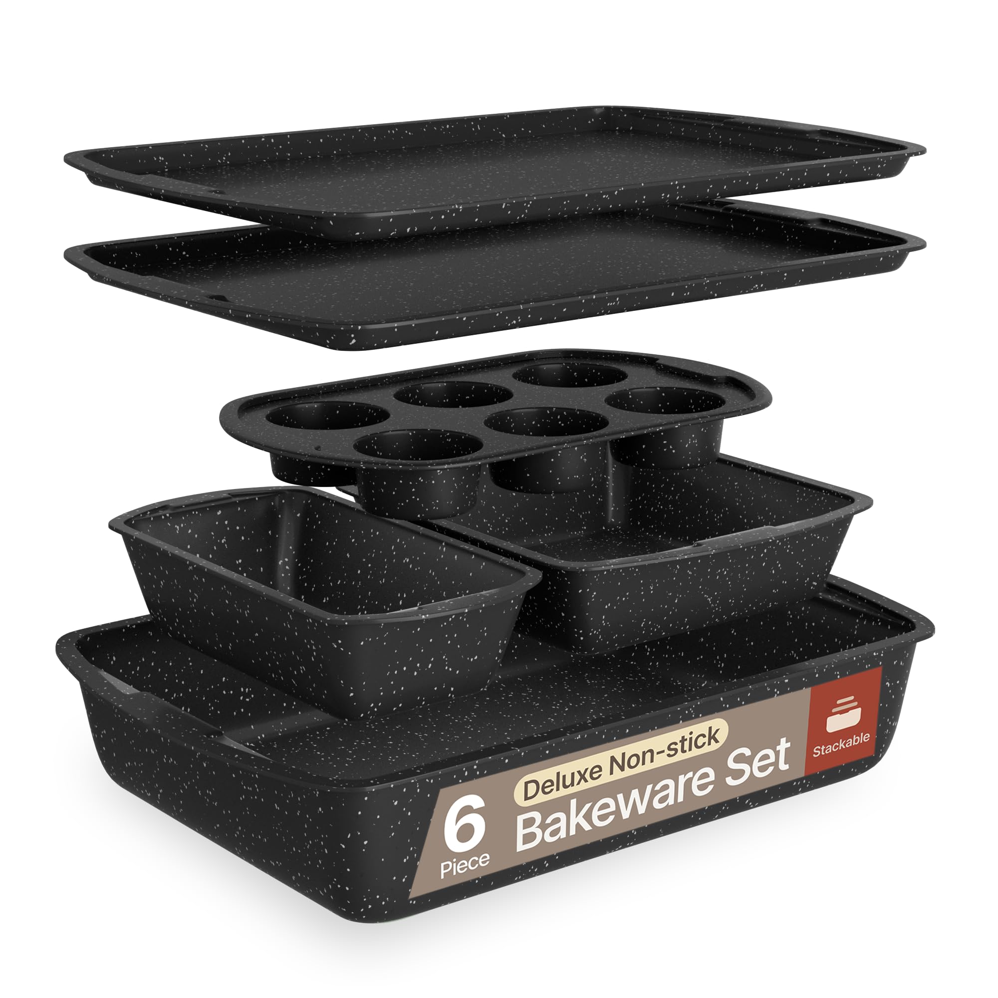 Bakken Swiss 6-piece bakeware set stacked for organized storage and versatile baking.