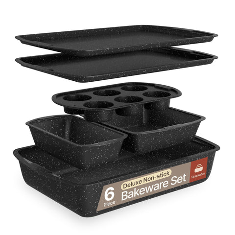 Bakken Swiss 6-piece bakeware set stacked for organized storage and versatile baking.