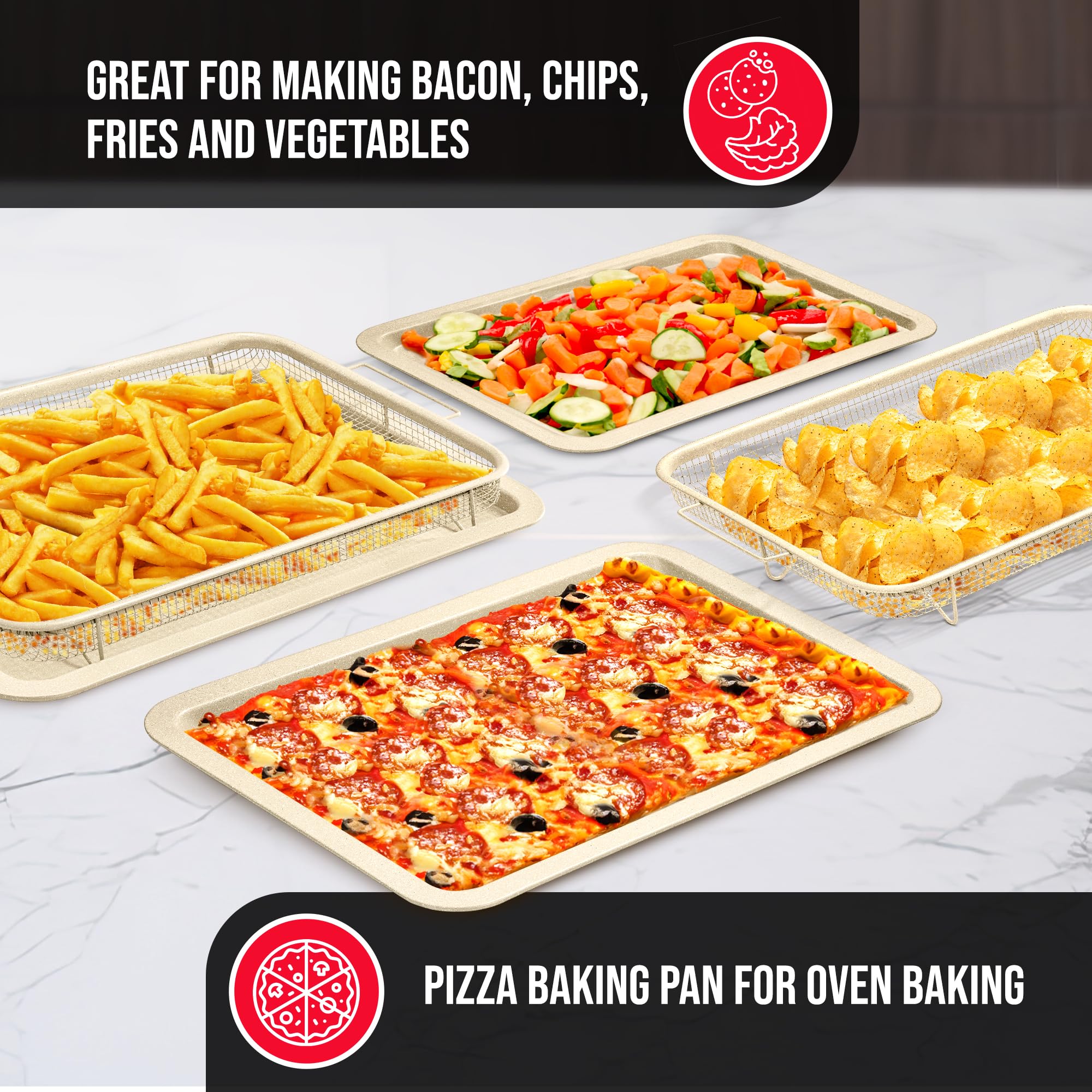 Extra-large 19x13 inch Bakken-Swiss crisper tray ready for large batches.