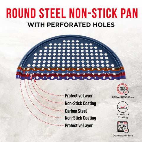BAKKENMASTER pizza pan withstands up to 450°F for versatile baking sessions.