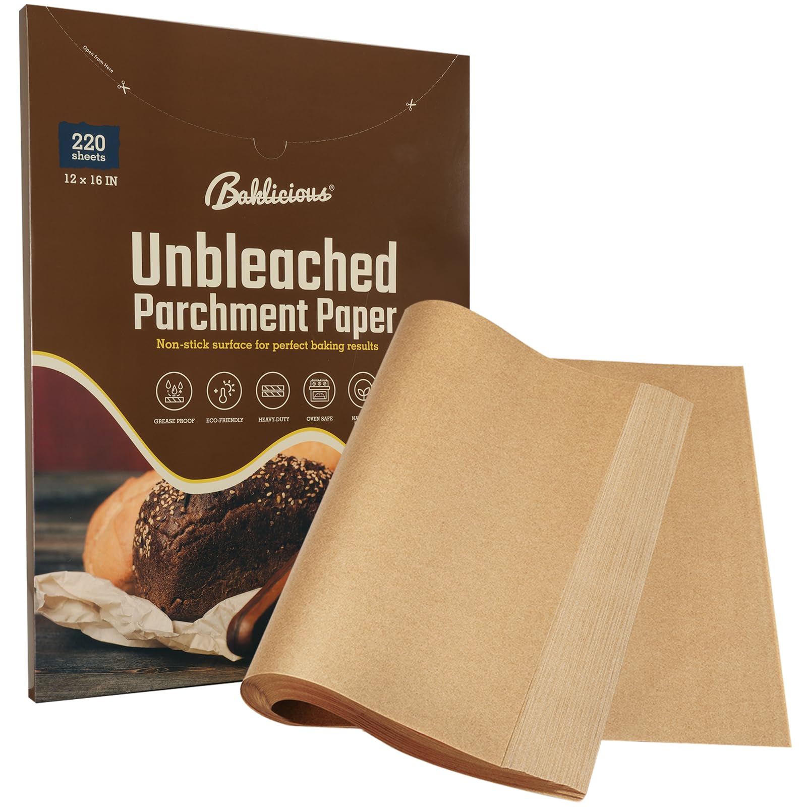 Baklicious 220 pcs unbleached parchment paper sheets for mess-free baking.