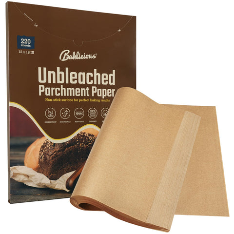 Baklicious 220 pcs unbleached parchment paper sheets for mess-free baking.