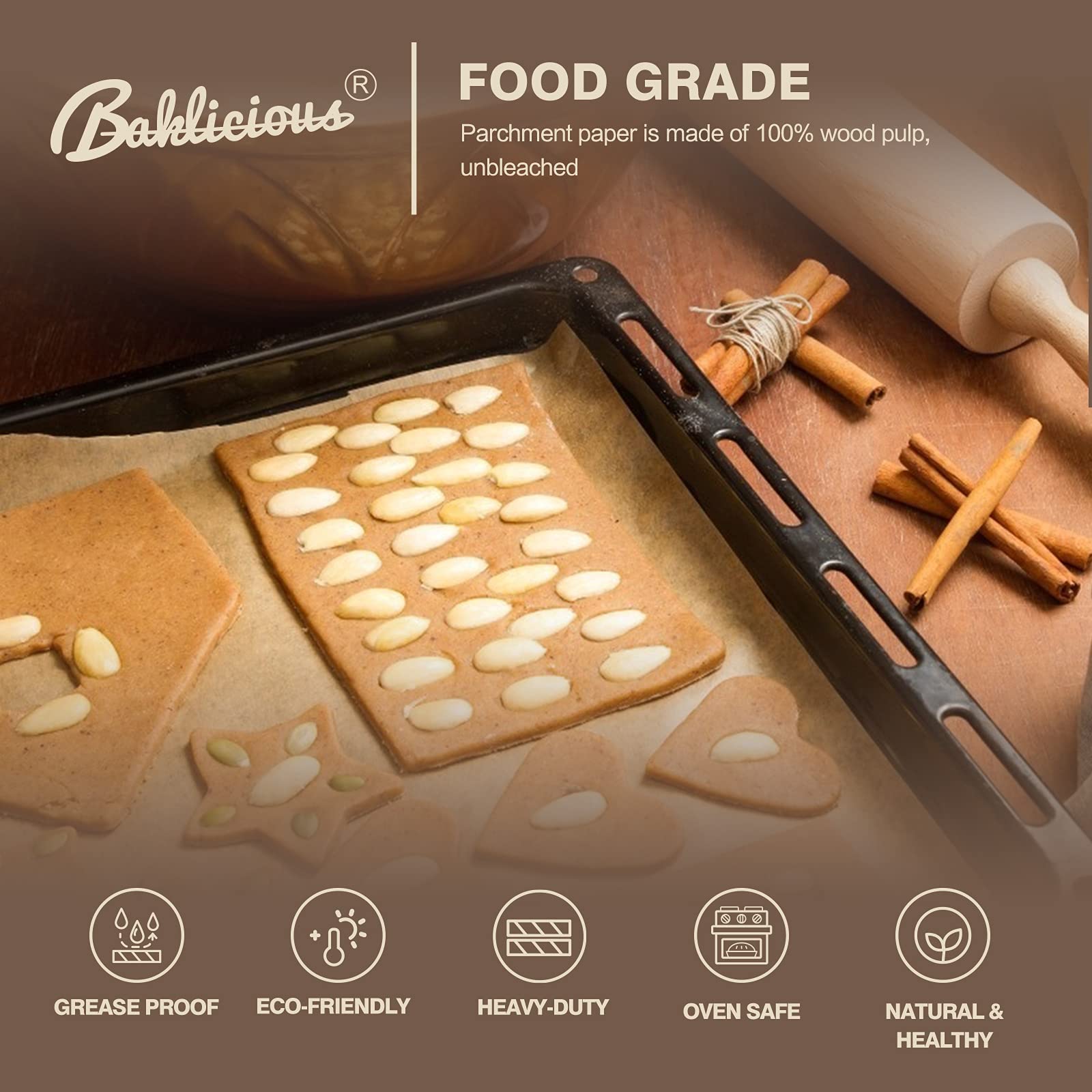 Baklicious non-stick greaseproof paper helps foods release easily.