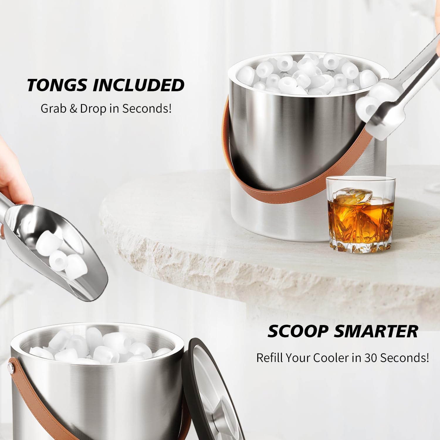 Bakpoco ice bucket with leather handle adds portable style.