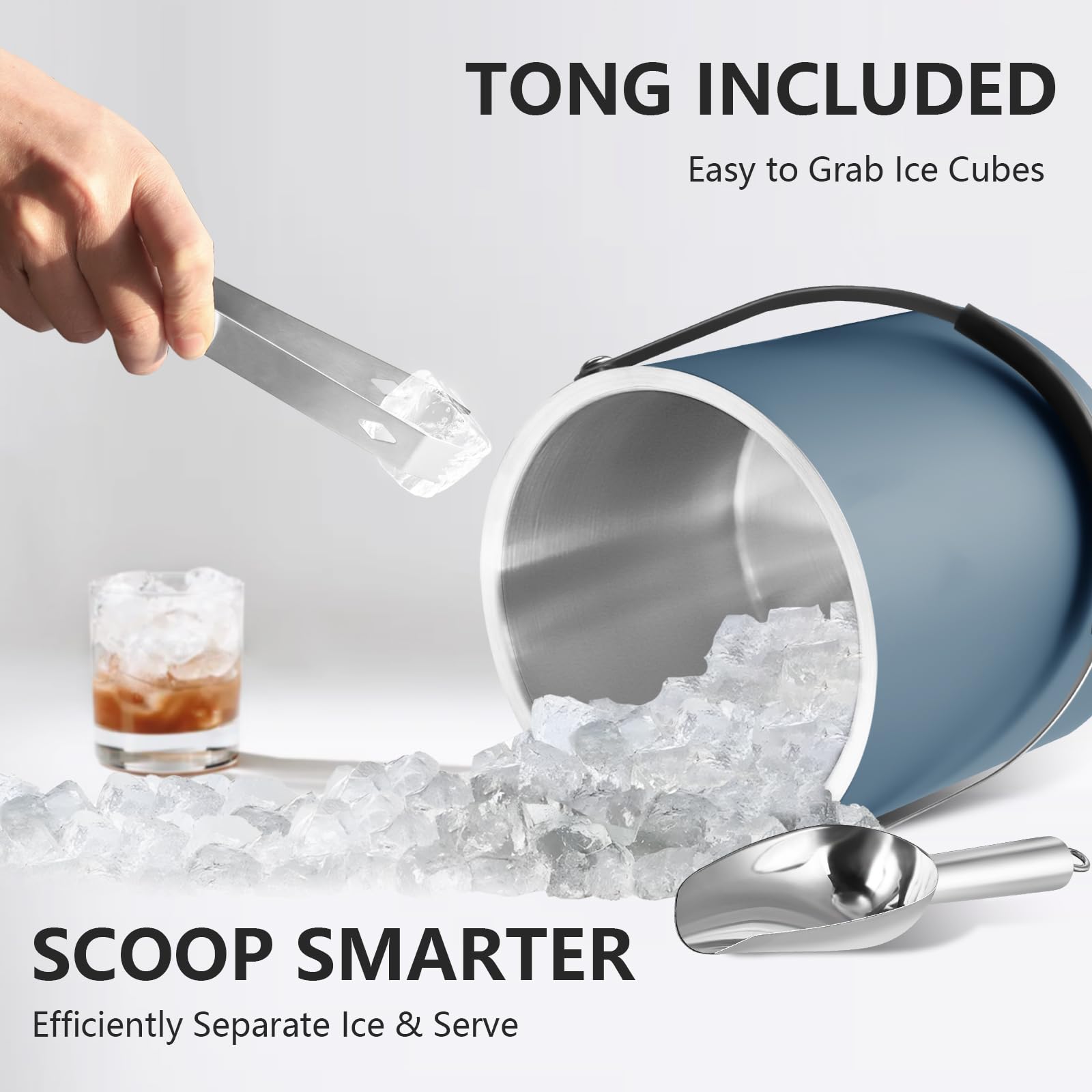 Bakpoco ice bucket includes tongs and scoop for hygienic ice handling.