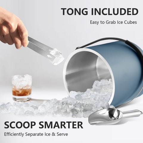 Bakpoco ice bucket includes tongs and scoop for hygienic ice handling.