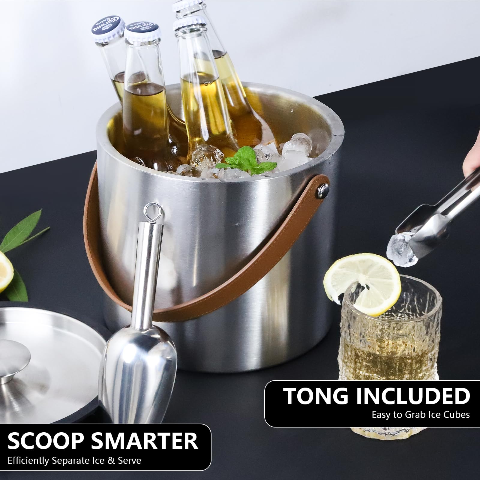 Bakpoco ice bucket with light brown leather handle for style and grip.