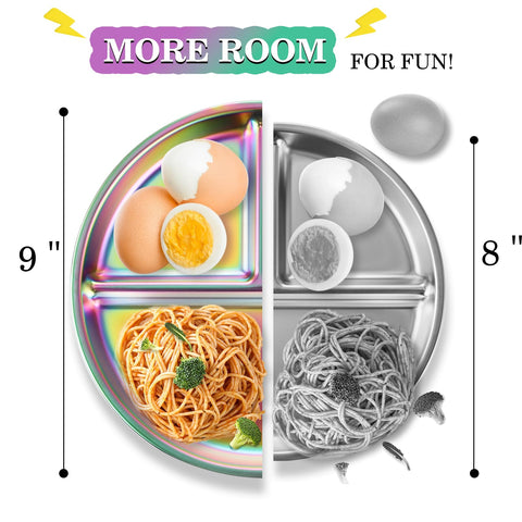 Bakpoco stackable kid plates save cabinet space during storage.