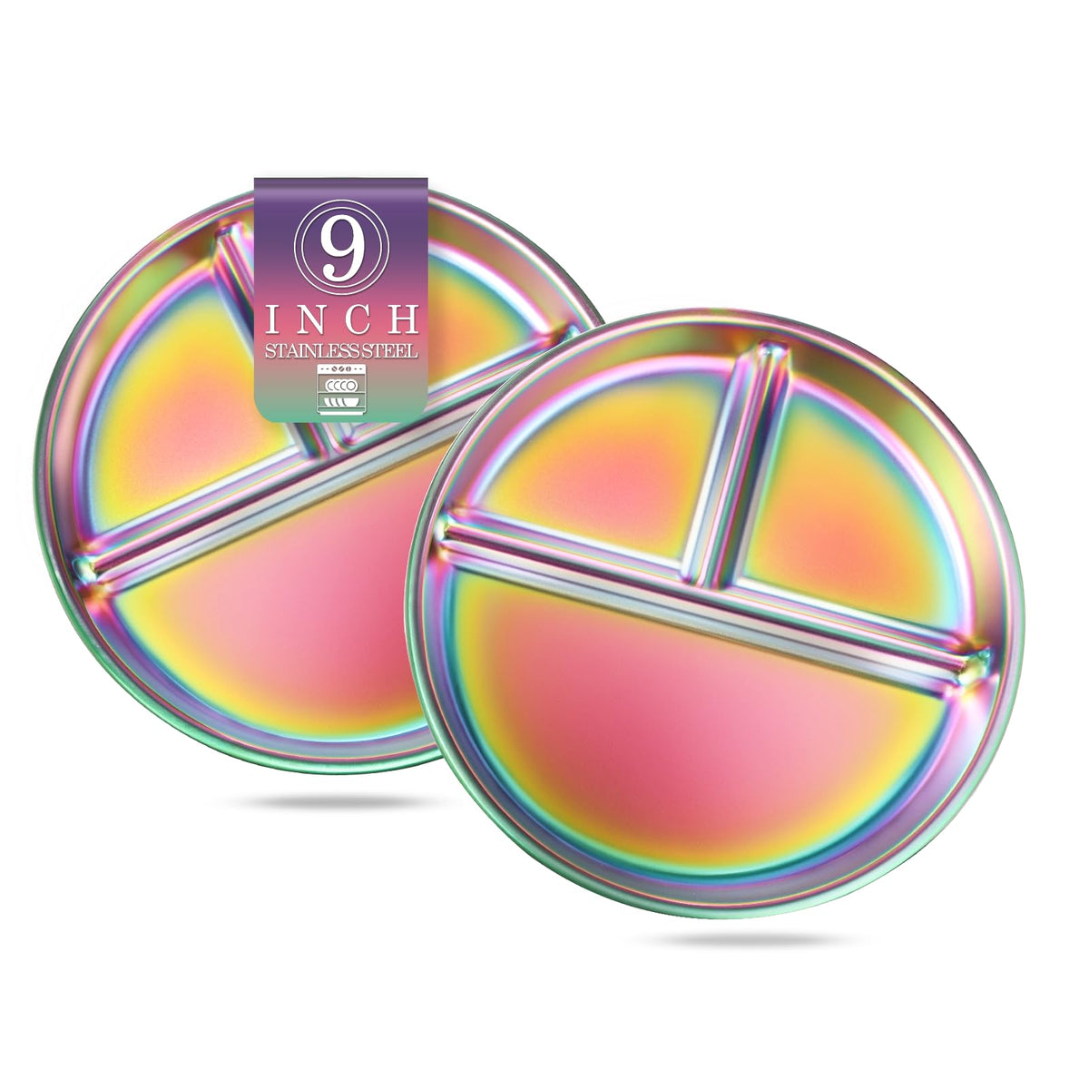 Bakpoco rainbow finish divided plate promotes self-feeding with colorful sections.