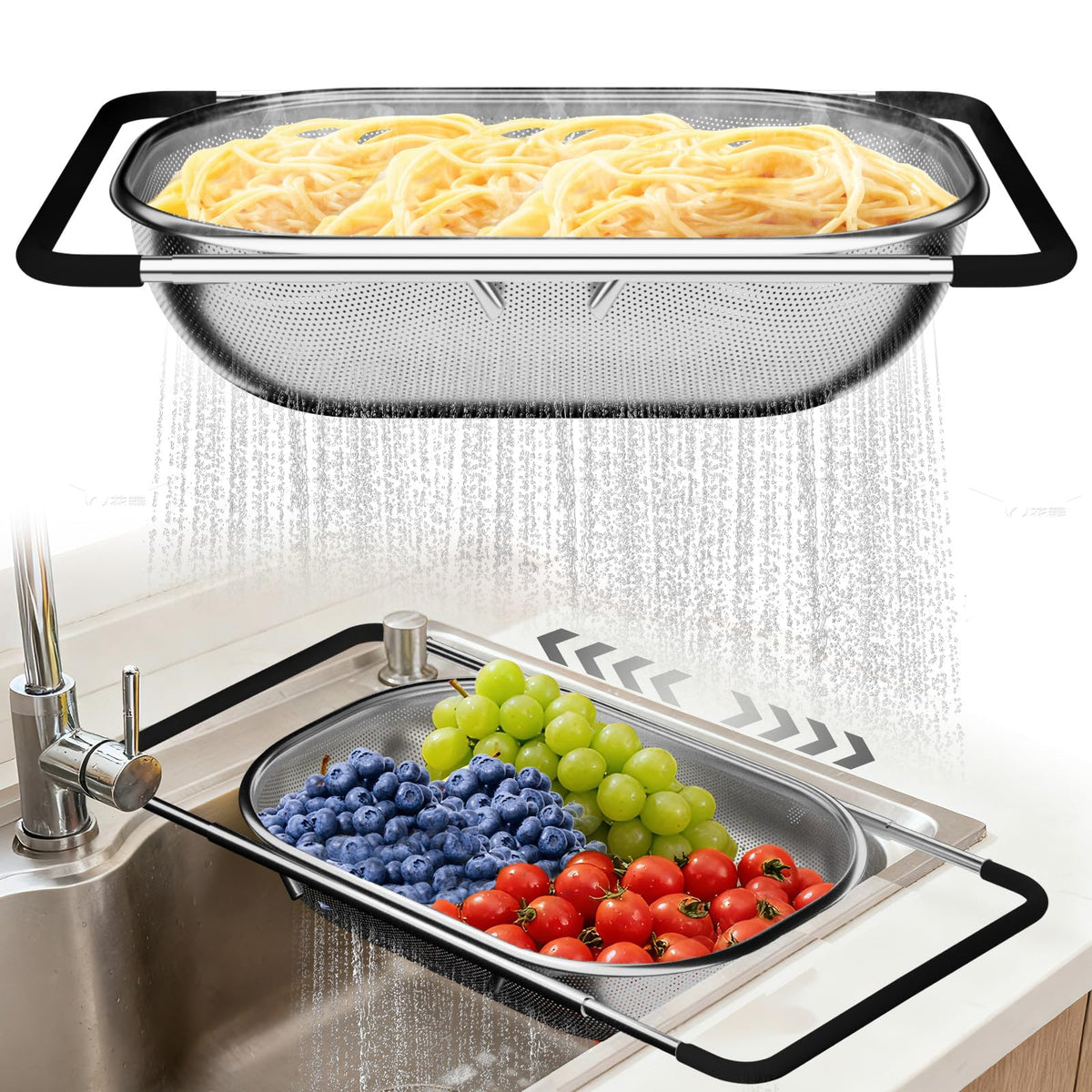 Balavina over the sink colander with extended handle for flexible draining.