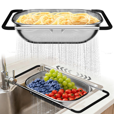 Balavina over the sink colander with extended handle for flexible draining.