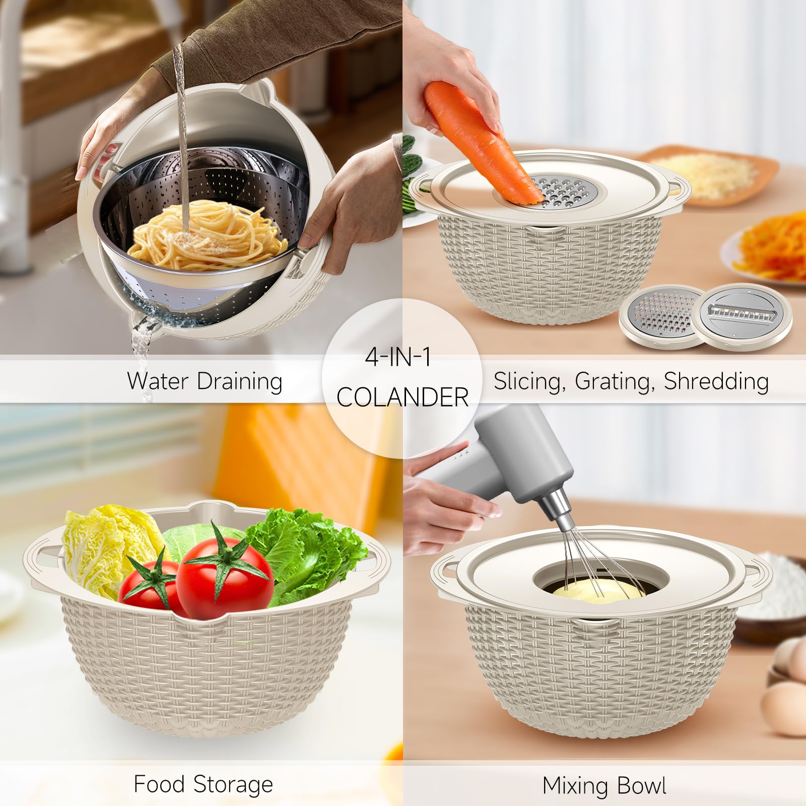 Balavina stainless-steel colander with beige finish for durability.