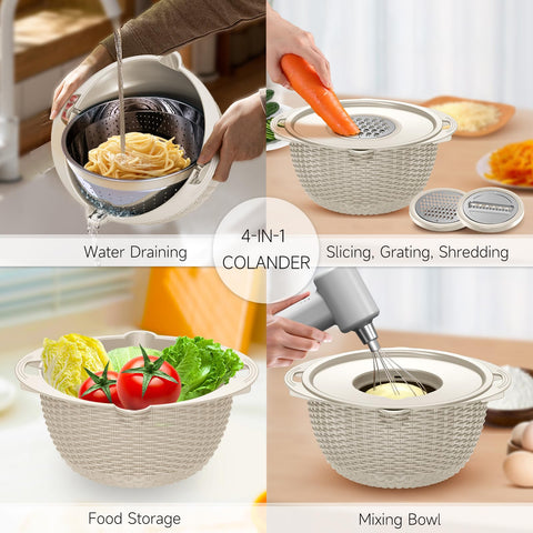 Balavina stainless-steel colander with beige finish for durability.