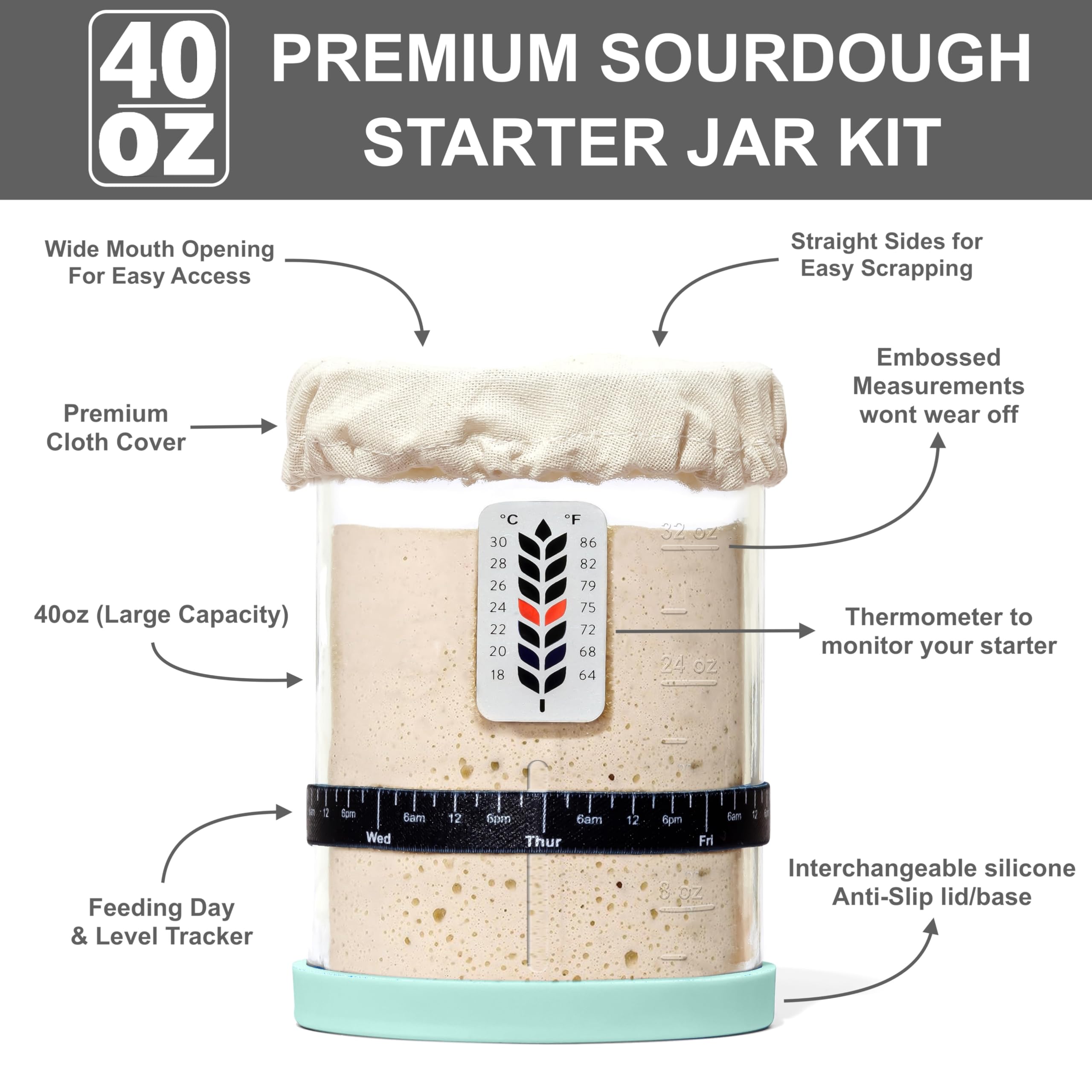 BALCI embossed measurements on jar for quick feeding reference.